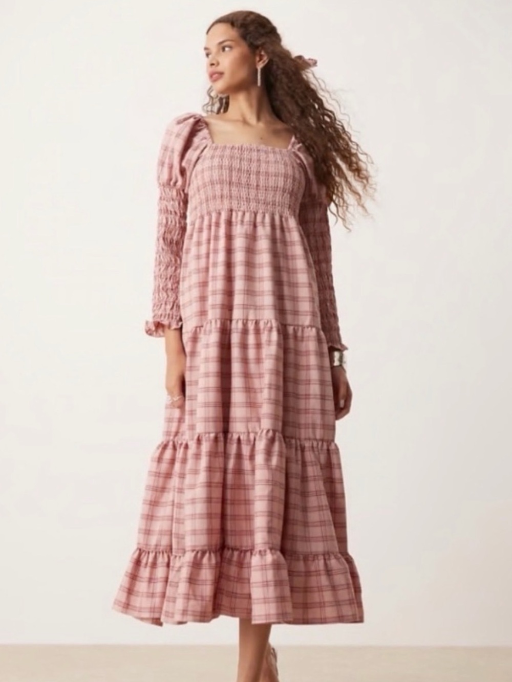 NWT Sister Jane Pointe Pink Plaid Smocked Puff Sleeve Midi/Maxi Dress M